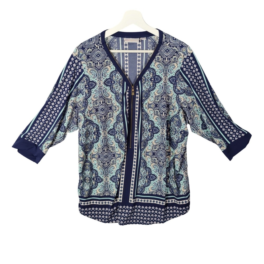 Kim Gravel Belle Womens Mature Career Medallion Top Plus 1X Blue Zip Neck